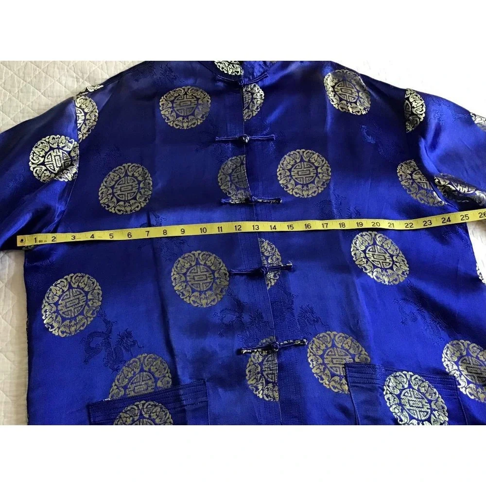 Mens Chinese Traditional Royal Blue Gold Silk Satin Tang‎ Suit Jacket Size XXL